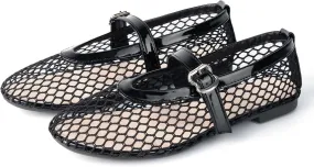 Samilor Mesh Ballet Flats for Women Buckle Strap Round Toe Mesh Flats Fishnet Flats with Strap Casual Ballerina Shoes
