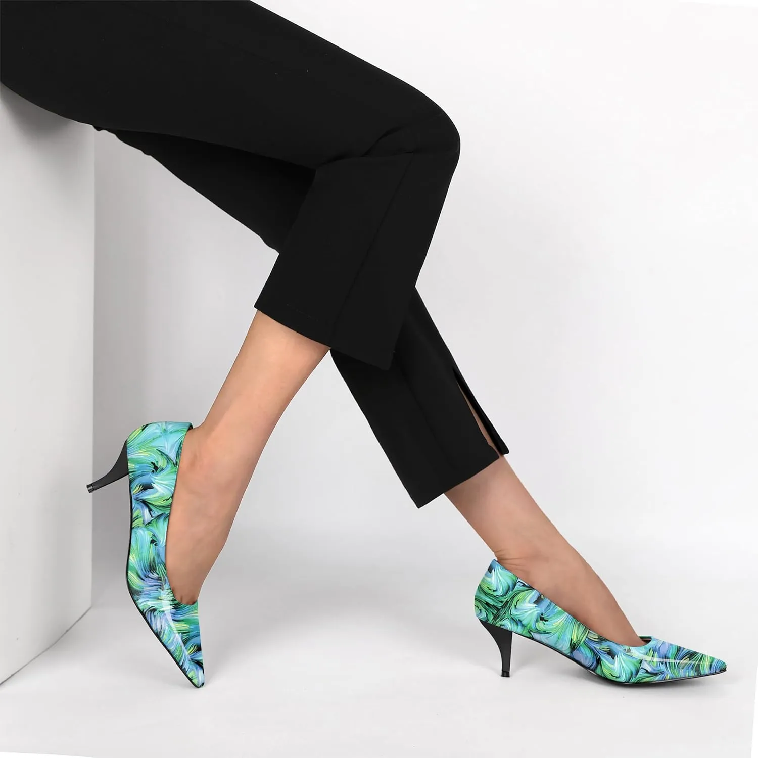 SAMMITOP Womens Kitten Heels Classic Pointy Square Toe Low Heel Slip On Closed Toe Pumps 2.4 Inch Patent Office Dress Shoes