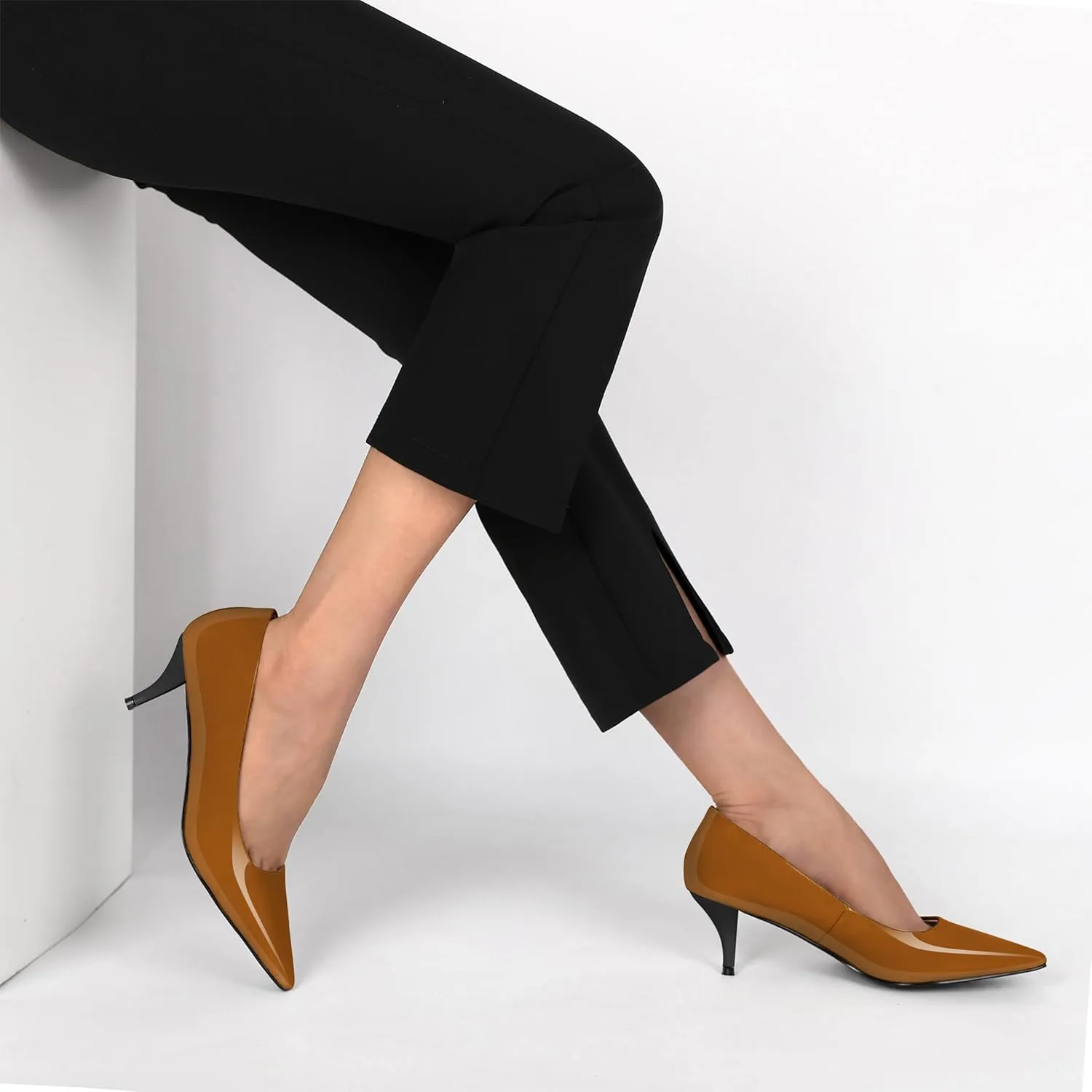 SAMMITOP Womens Kitten Heels Classic Pointy Square Toe Low Heel Slip On Closed Toe Pumps 2.4 Inch Patent Office Dress Shoes