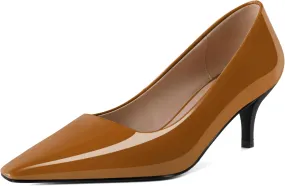 SAMMITOP Womens Kitten Heels Classic Pointy Square Toe Low Heel Slip On Closed Toe Pumps 2.4 Inch Patent Office Dress Shoes