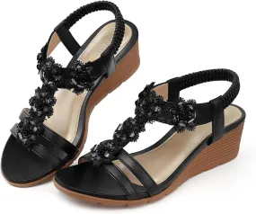 SHIBEVER Womens Sandals Wedge Flower: Open Toe Elastic Ankle Strap Wedge Sandal - Dressy Sandals Women - Comfortable Summer Bohemia