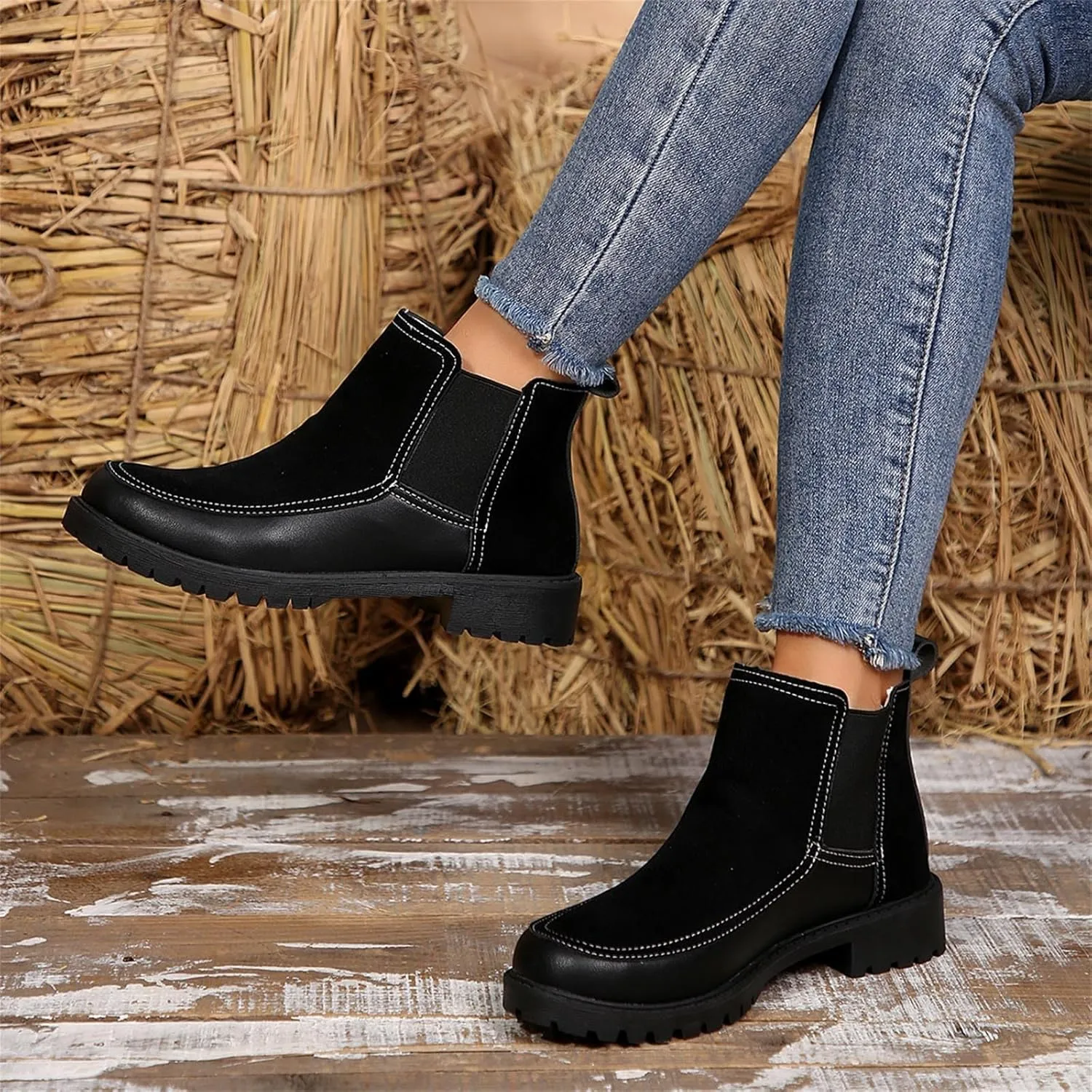Short Chunky Heels Women Boots Combat Boots Womens with HeelCombat Round Toe Chunky Heel Fashion Elastic Sleeve