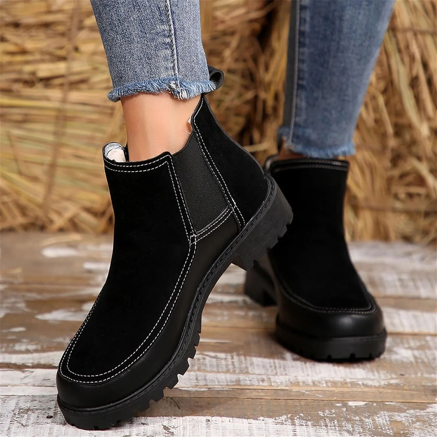 Short Chunky Heels Women Boots Combat Boots Womens with HeelCombat Round Toe Chunky Heel Fashion Elastic Sleeve