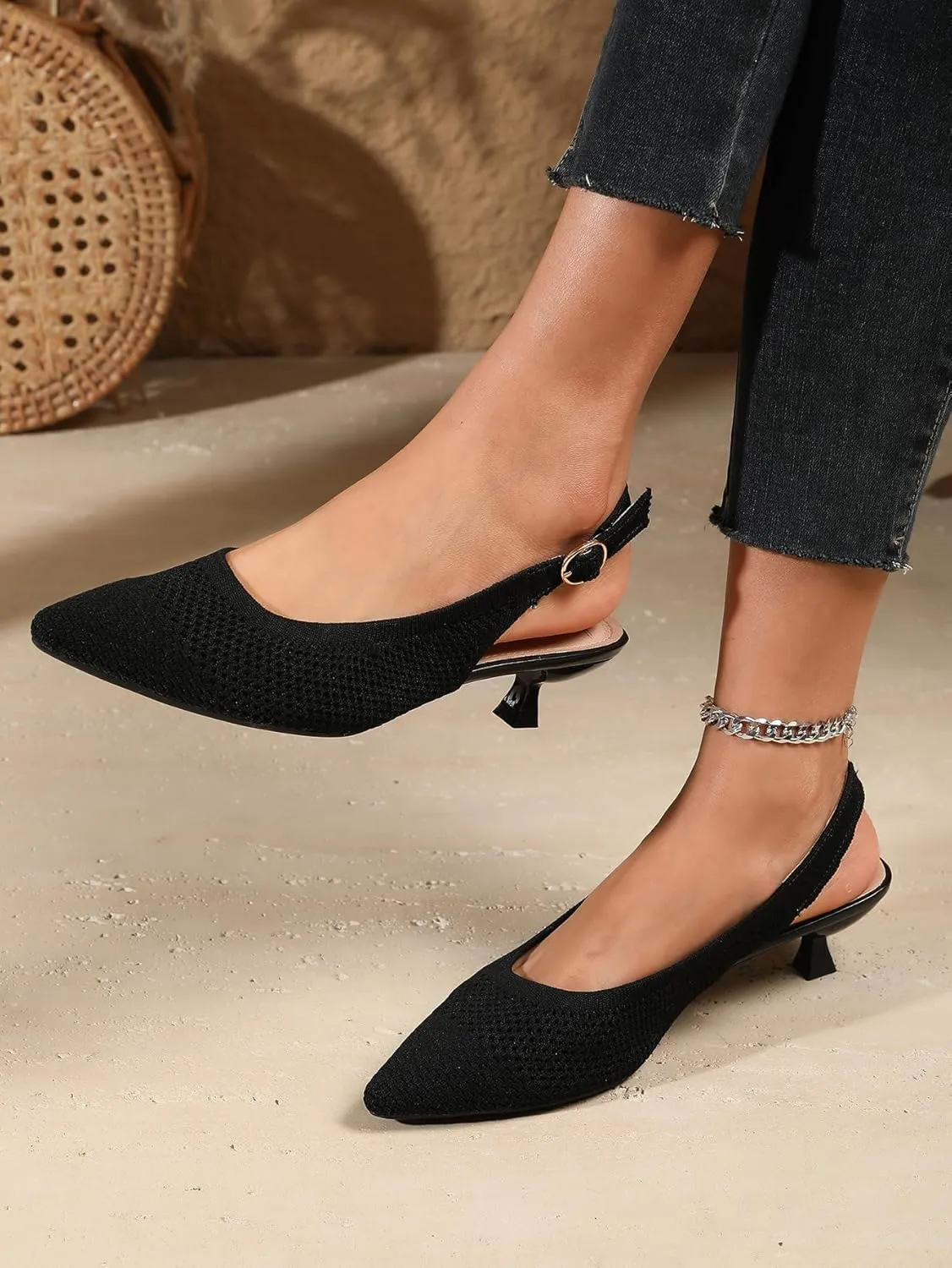 Slingback Kitten Heels for Women Pointed Closed Toe Knitted Slingbacks Comfortable Women's Ankle Strap Dress Slingback Low Kitten Pumps Shoes, Party Work