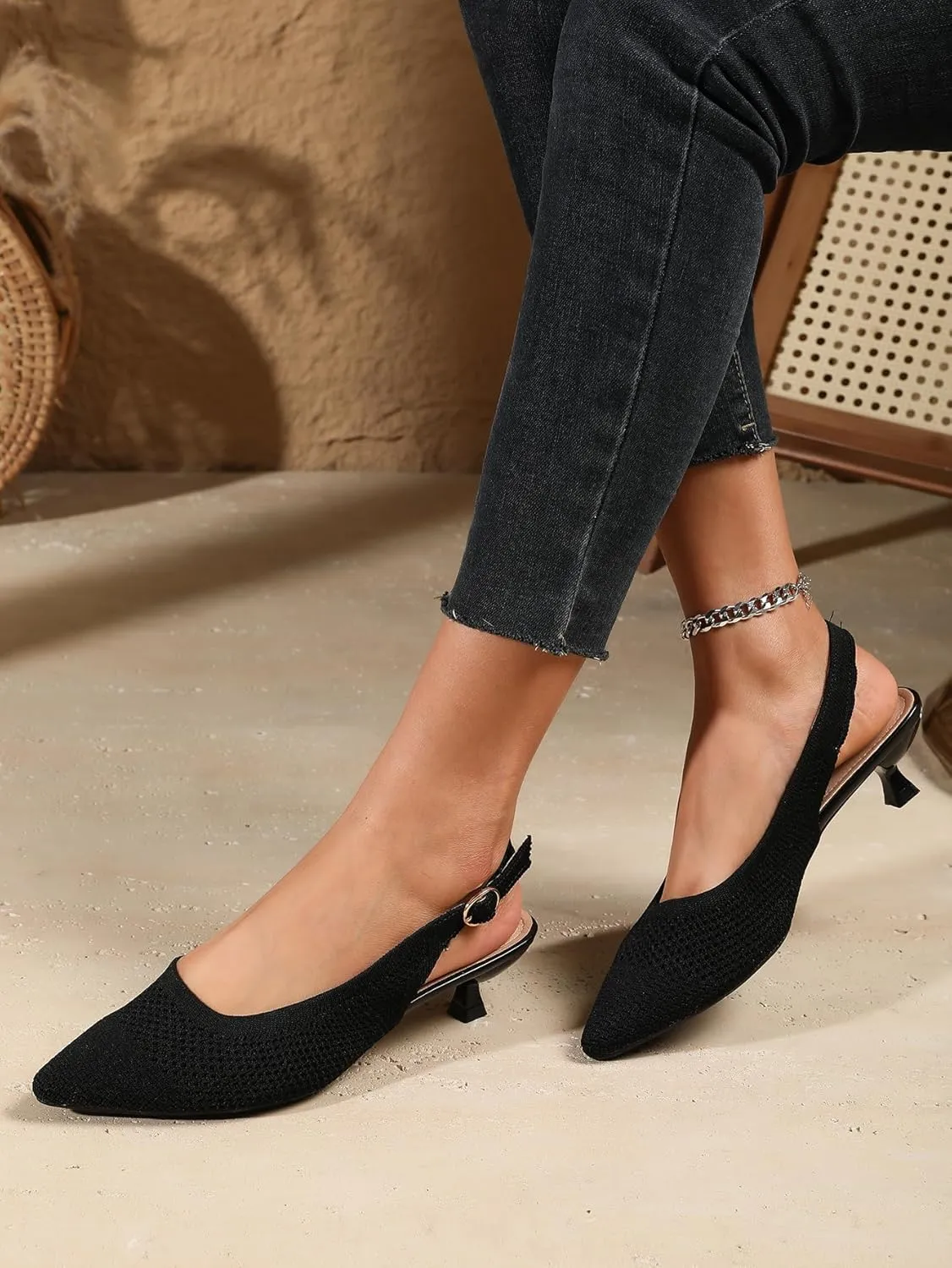 Slingback Kitten Heels for Women Pointed Closed Toe Knitted Slingbacks Comfortable Women's Ankle Strap Dress Slingback Low Kitten Pumps Shoes, Party Work