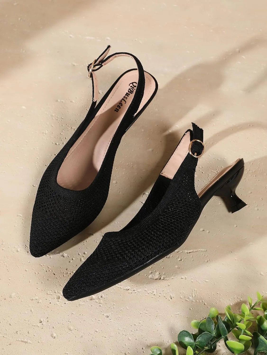 Slingback Kitten Heels for Women Pointed Closed Toe Knitted Slingbacks Comfortable Women's Ankle Strap Dress Slingback Low Kitten Pumps Shoes, Party Work