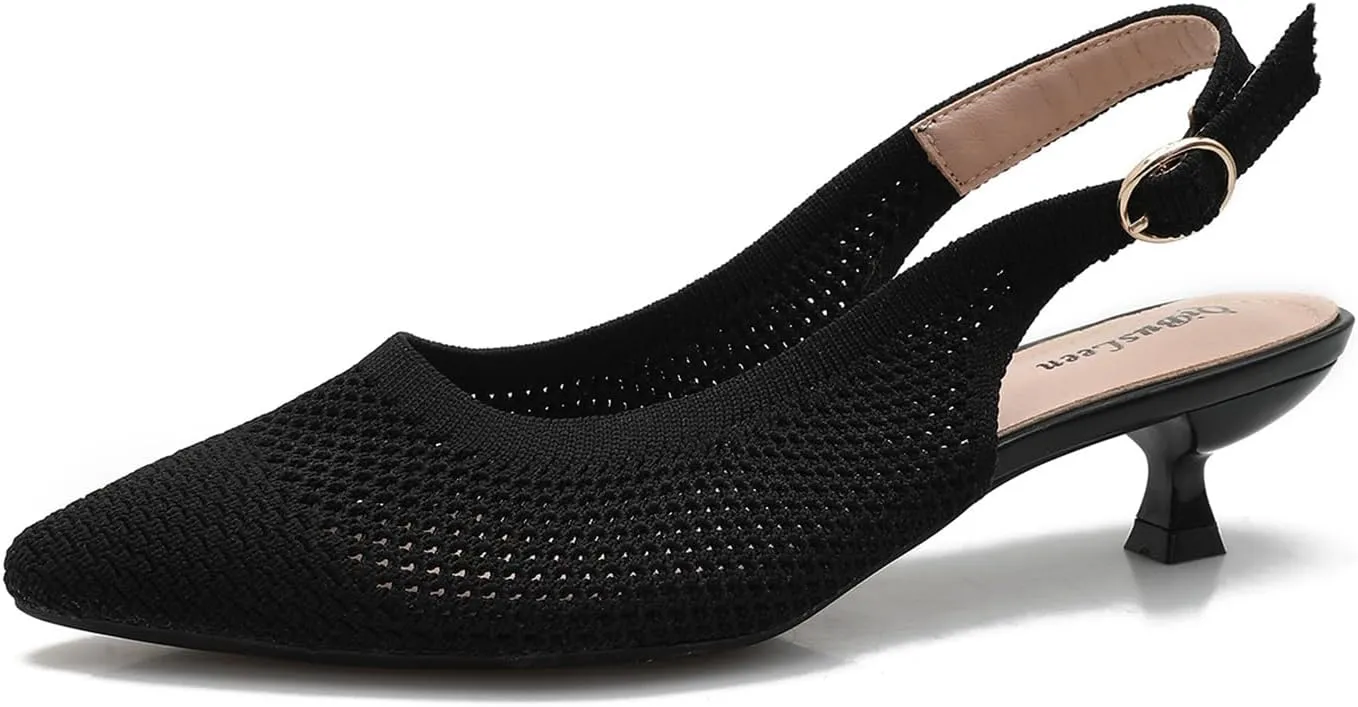 Slingback Kitten Heels for Women Pointed Closed Toe Knitted Slingbacks Comfortable Women's Ankle Strap Dress Slingback Low Kitten Pumps Shoes, Party Work