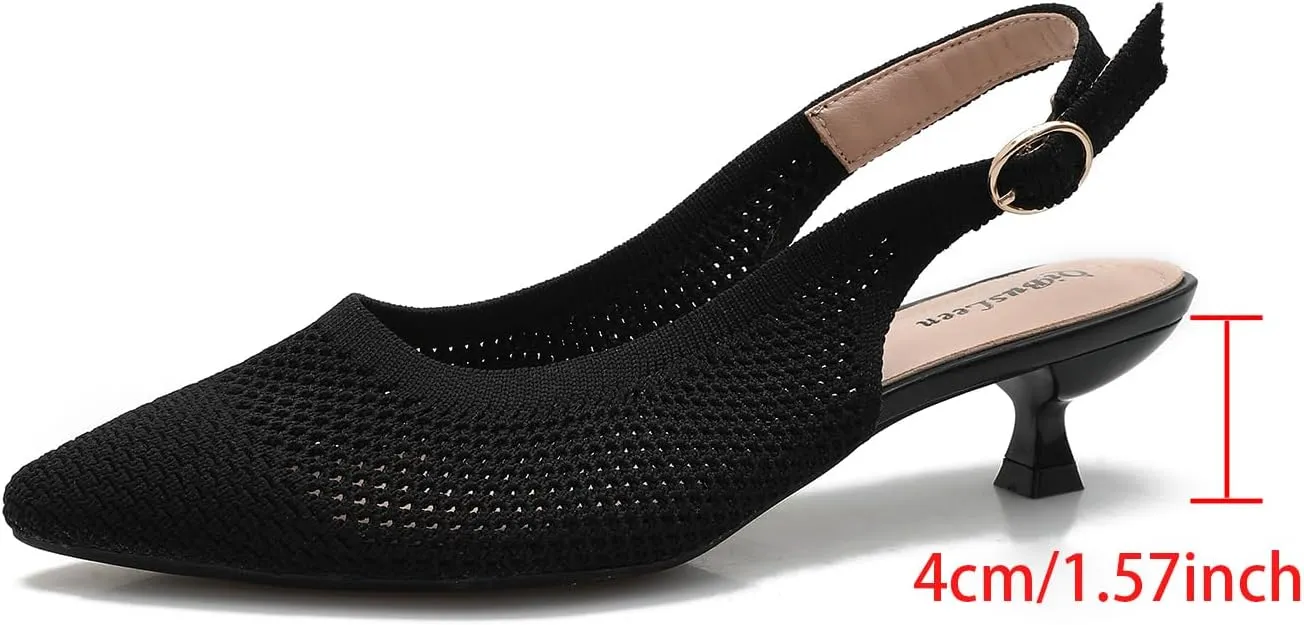 Slingback Kitten Heels for Women Pointed Closed Toe Knitted Slingbacks Comfortable Women's Ankle Strap Dress Slingback Low Kitten Pumps Shoes, Party Work