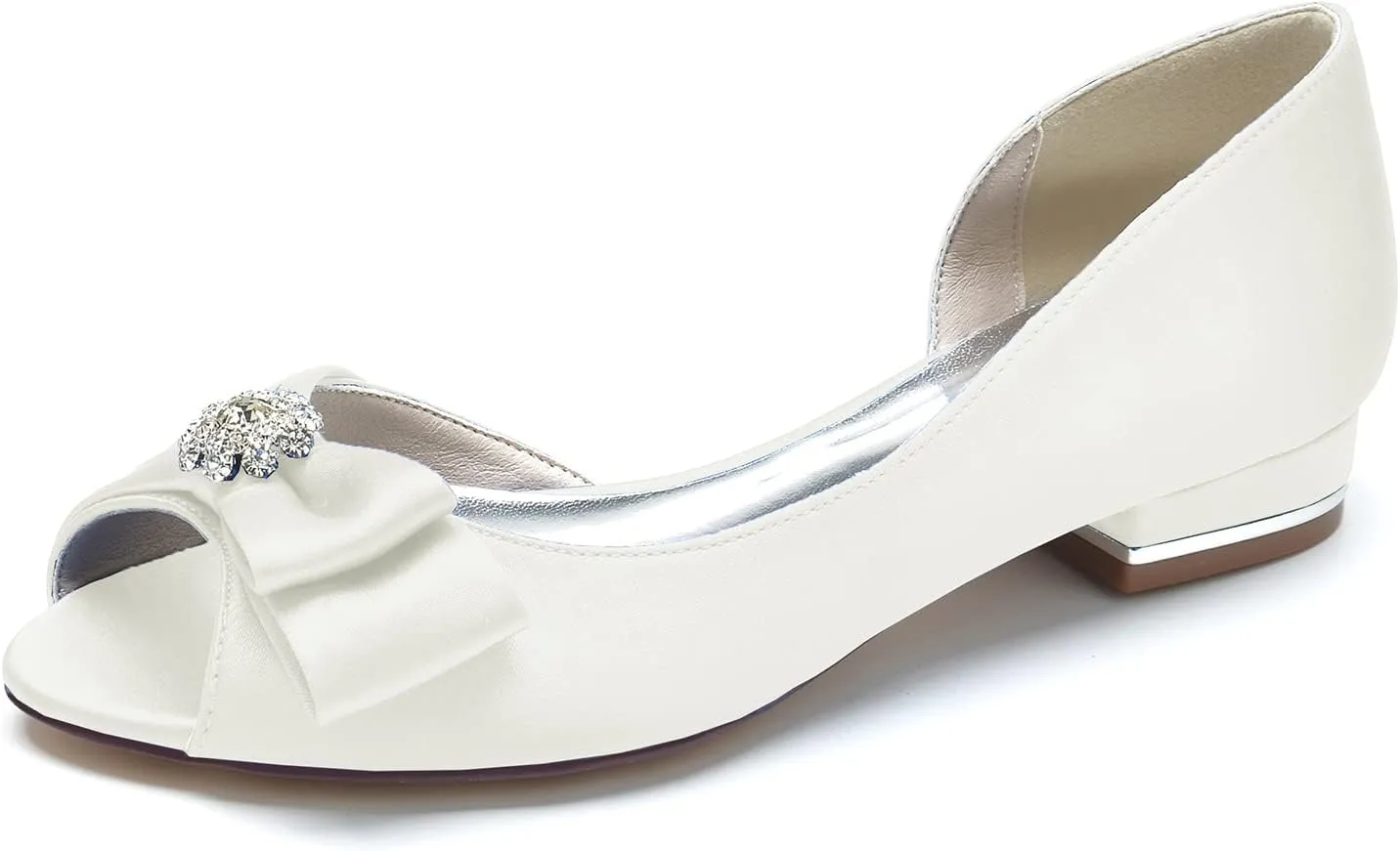 Wedding Bridal Shoes Women's Satin Peep Toe Flats Bridal Party Dress Flats 2.5Cm
