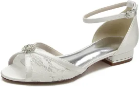 Wedding Dress Shoes for Women Satin eith Lace Bridal Shoes for The Bride Flat Crystal Open Toe Pointed Toe Sandals Pumps Flat