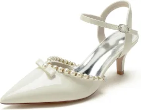 Wedding Shoes Bride Wedding Pearl Party Dress Pumps Shoes Women's Slingback Pointed Toe Kitten Heels 6Cm