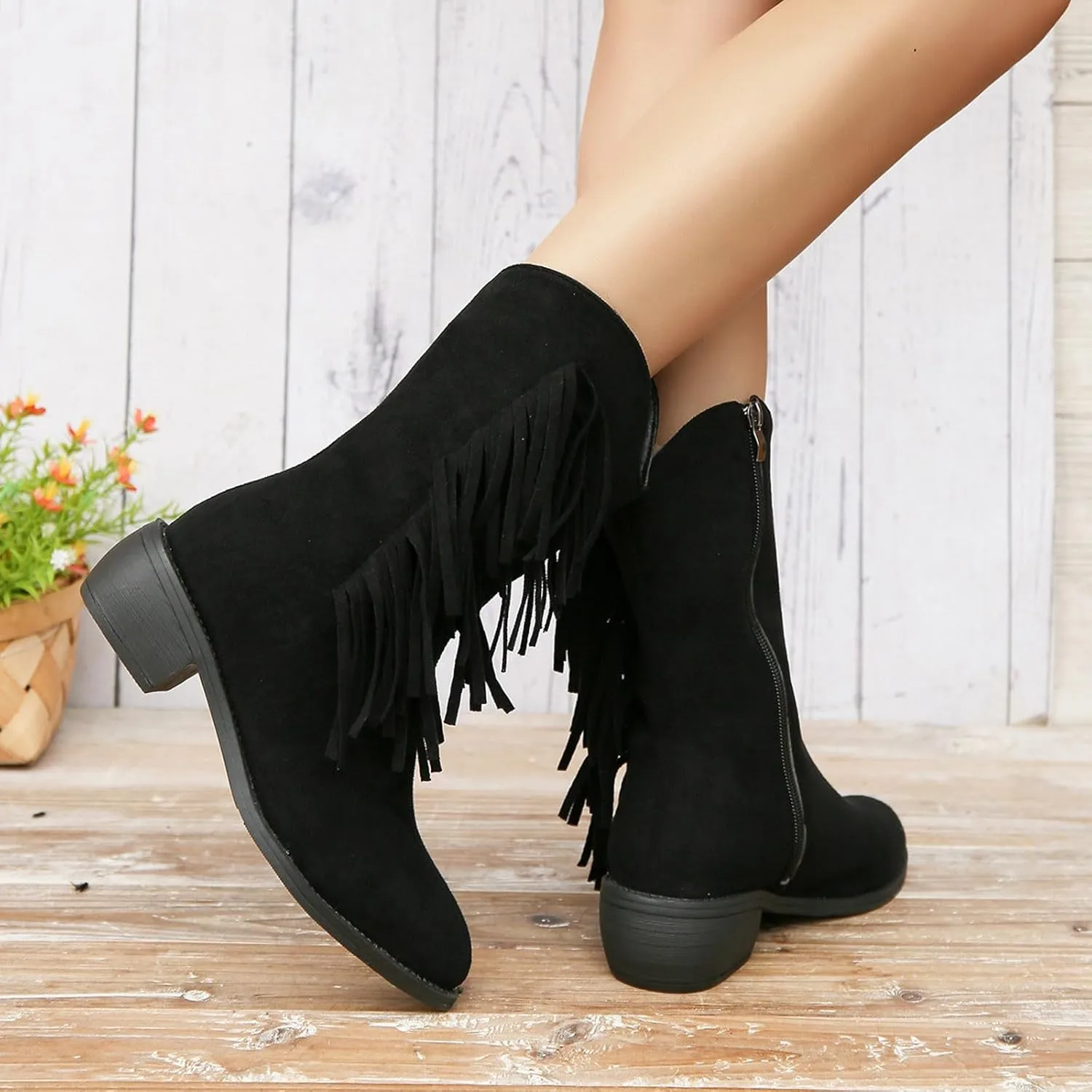 Western Boots Ankle Booties Women's Cowboy Western Ankle Boots Low Chunky Heels Fall Short Booties Tassel Shoes