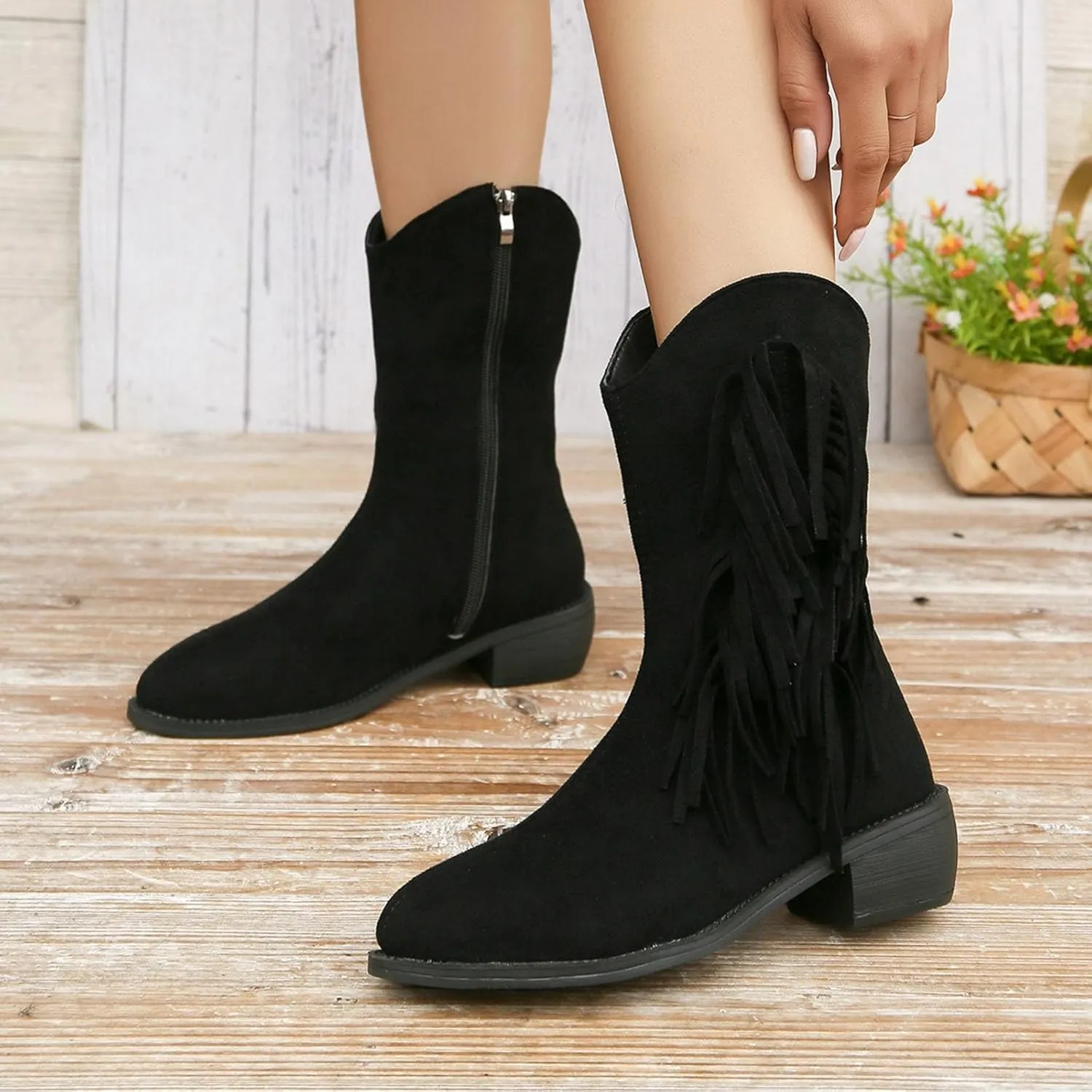 Western Boots Ankle Booties Women's Cowboy Western Ankle Boots Low Chunky Heels Fall Short Booties Tassel Shoes