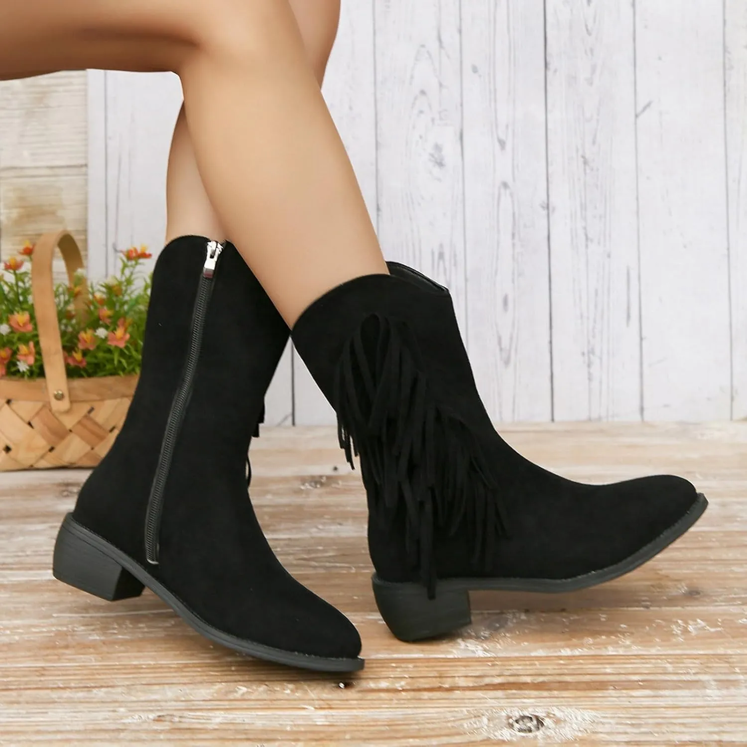 Western Boots Ankle Booties Women's Cowboy Western Ankle Boots Low Chunky Heels Fall Short Booties Tassel Shoes