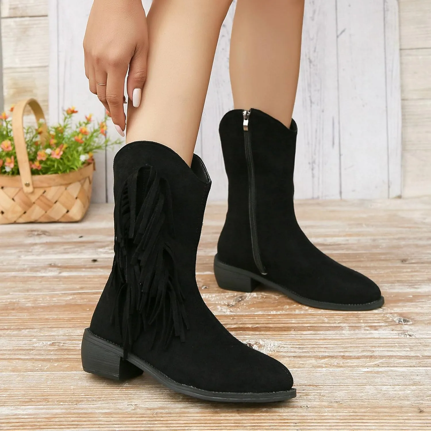 Western Boots Ankle Booties Women's Cowboy Western Ankle Boots Low Chunky Heels Fall Short Booties Tassel Shoes