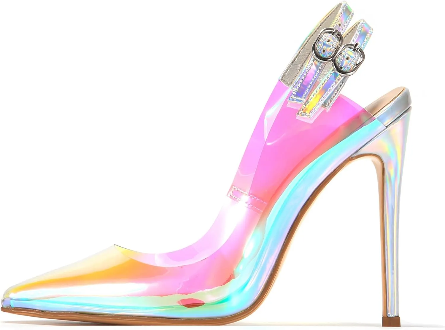 Women Fancy PU Transparent High Heel Slingbacks Pointed Toe Ankle Strap Stiletto Shoes for Women