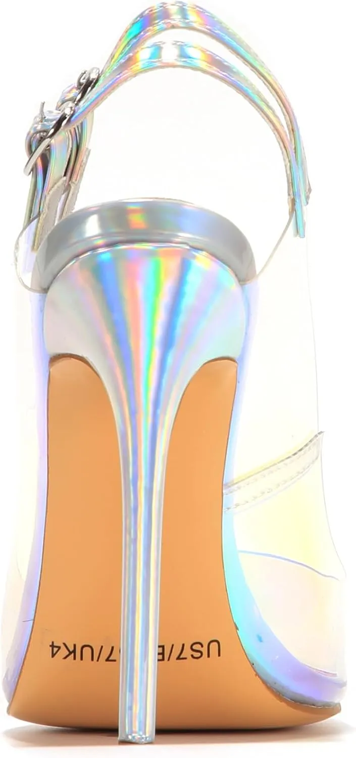 Women Fancy PU Transparent High Heel Slingbacks Pointed Toe Ankle Strap Stiletto Shoes for Women
