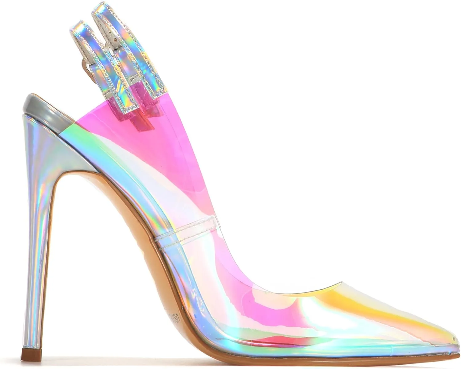 Women Fancy PU Transparent High Heel Slingbacks Pointed Toe Ankle Strap Stiletto Shoes for Women