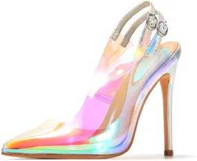 Women Fancy PU Transparent High Heel Slingbacks Pointed Toe Ankle Strap Stiletto Shoes for Women