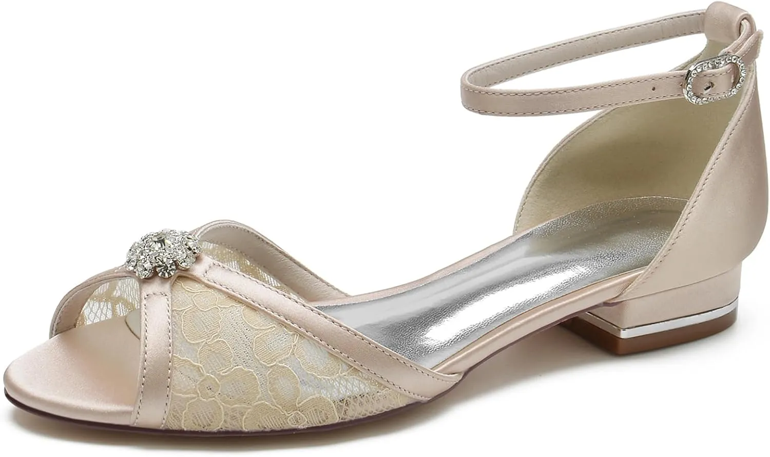 Women Peep Toe Flats Wedding Bridal Shoes Lace Satin Rhinestone Sandals Ankle Strap Party Prom Sandals