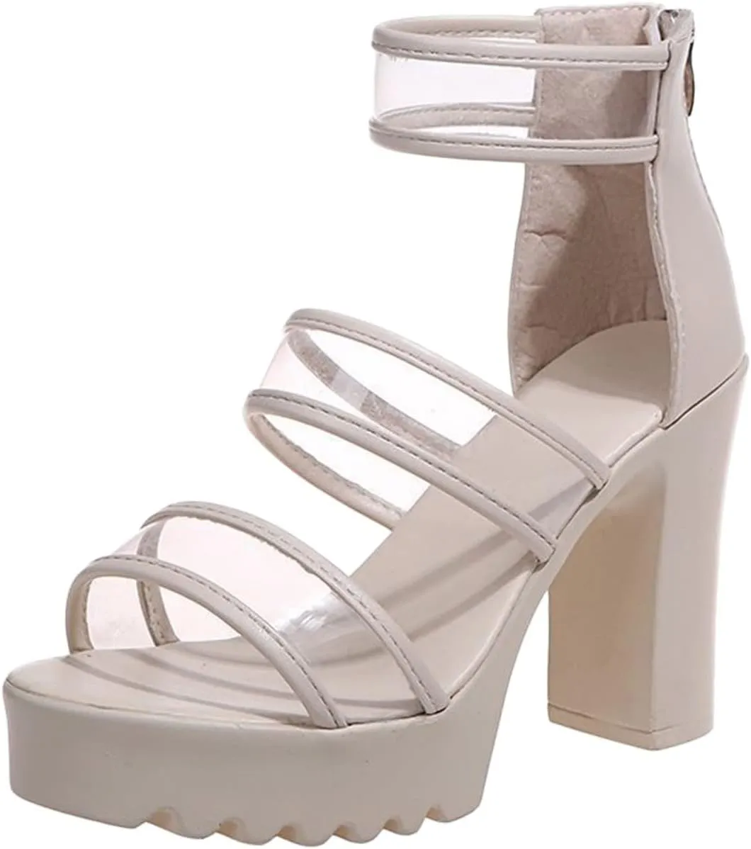 Women Pumps Round Open Toe Block High Heels Strappy Chunky Heels Ankle Strap Sandals Comfort Dress Part Prom Shoes