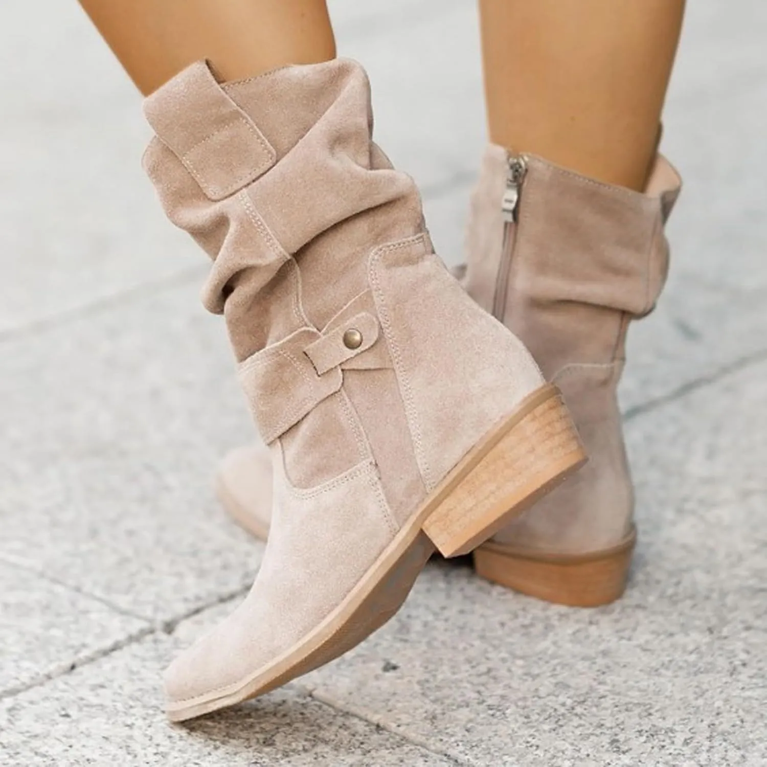 Women's Ankle Boots & Booties Womens Boots Ankle Heels Pointed Toe Suede Pleated Low Heel Low Calf Women's Boots