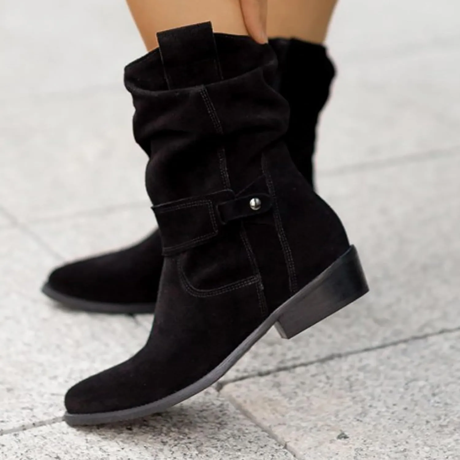 Women's Ankle Boots & Booties Womens Boots Ankle Heels Pointed Toe Suede Pleated Low Heel Low Calf Women's Boots