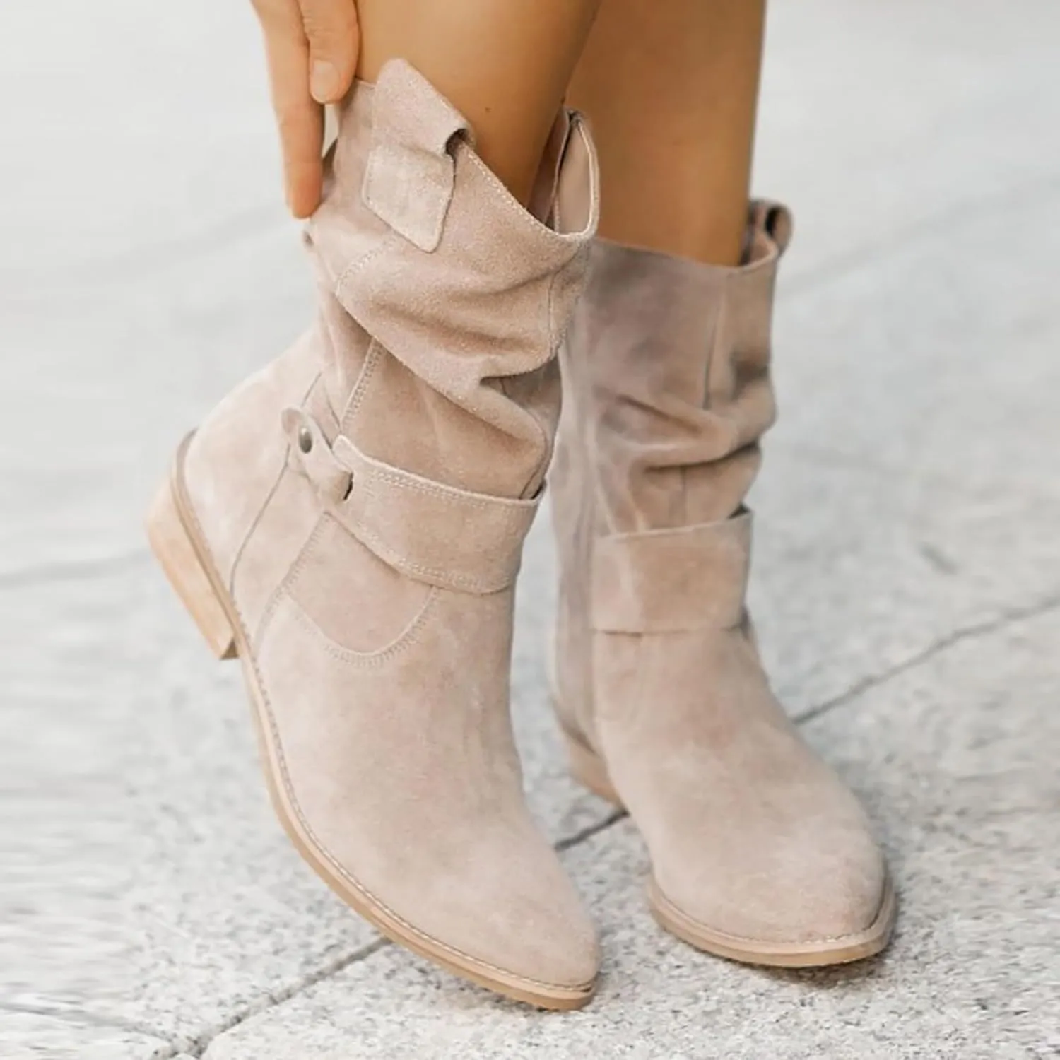 Women's Ankle Boots & Booties Womens Boots Ankle Heels Pointed Toe Suede Pleated Low Heel Low Calf Women's Boots