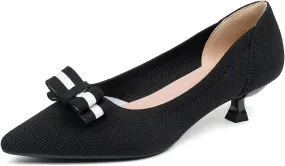 Women's Knitted Kitten Low Heels with Bow Pointed Closed Toe Slip On Comfort Pumps Casual Work Office Dress Shoes