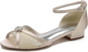 Women's Lace Ankle Strap Wedding Dress Shoes for Bride Peep Toe Toe Bridal Flats Comfortable Formal Prom Party Sandals