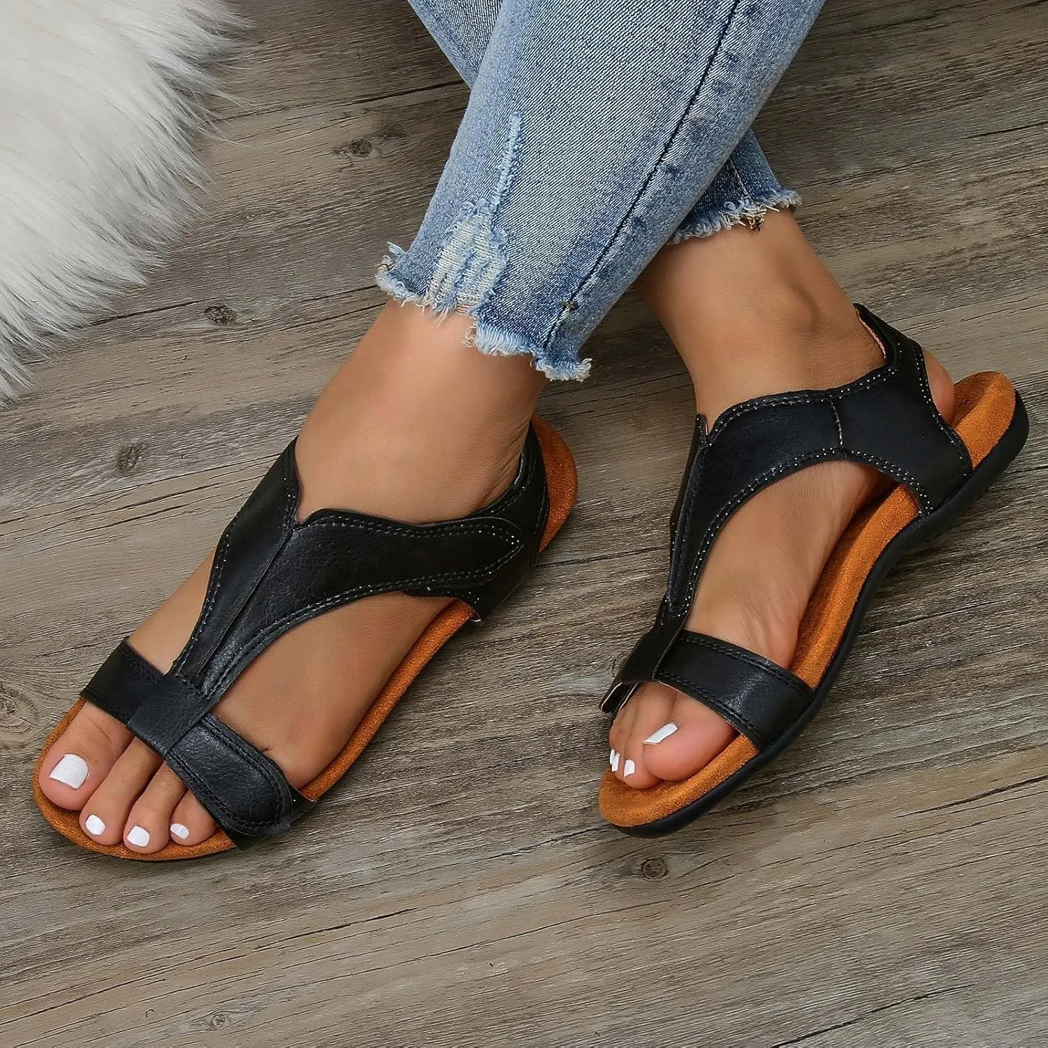 Womens Orthotic Sandals with Arch Support T-Strap Orthopedic Flat Sandals Comfortable Summer Shoes Slip On Adjustable Flat Slippers Open Toe Sandal Summer Beach Shoes