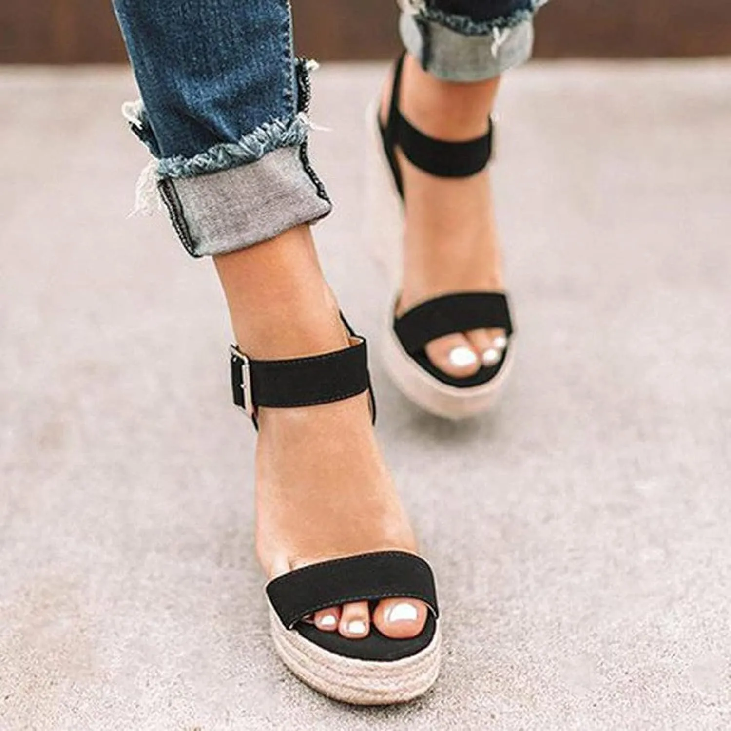 Womens Platform Wedge Sandals Slip On Peep Toe High Heel Sandals Summer Beach High Heel Sandal with Adjustable Ankle Strap Metal Buckle