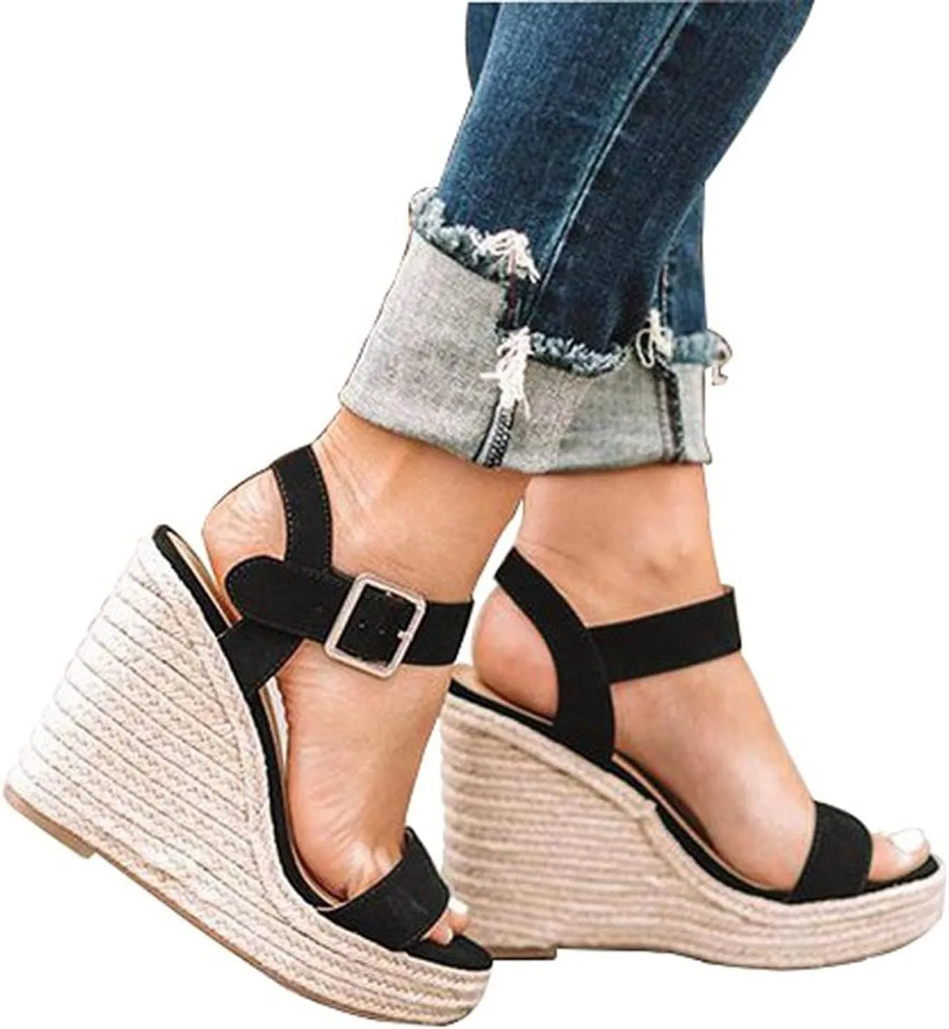 Womens Platform Wedge Sandals Slip On Peep Toe High Heel Sandals Summer Beach High Heel Sandal with Adjustable Ankle Strap Metal Buckle