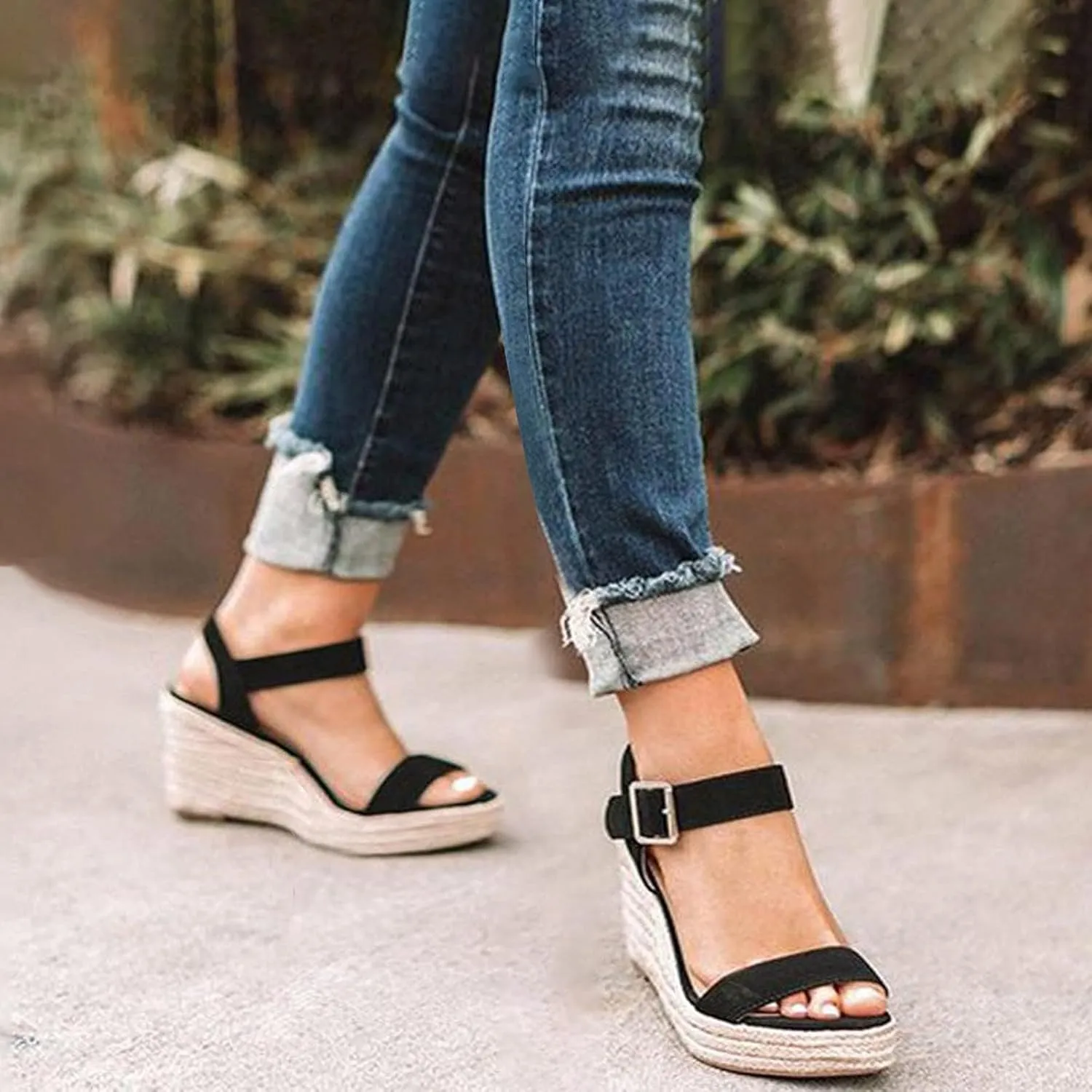 Womens Platform Wedge Sandals Slip On Peep Toe High Heel Sandals Summer Beach High Heel Sandal with Adjustable Ankle Strap Metal Buckle