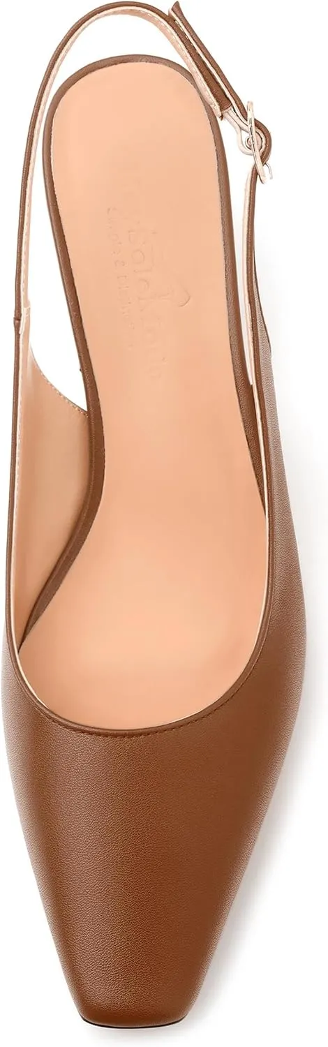 Womens Pumps, Square Toe Small Chunky Heel Slingbacks for Women, Leather Insole Slingback Pumps Buckle Closure 2"