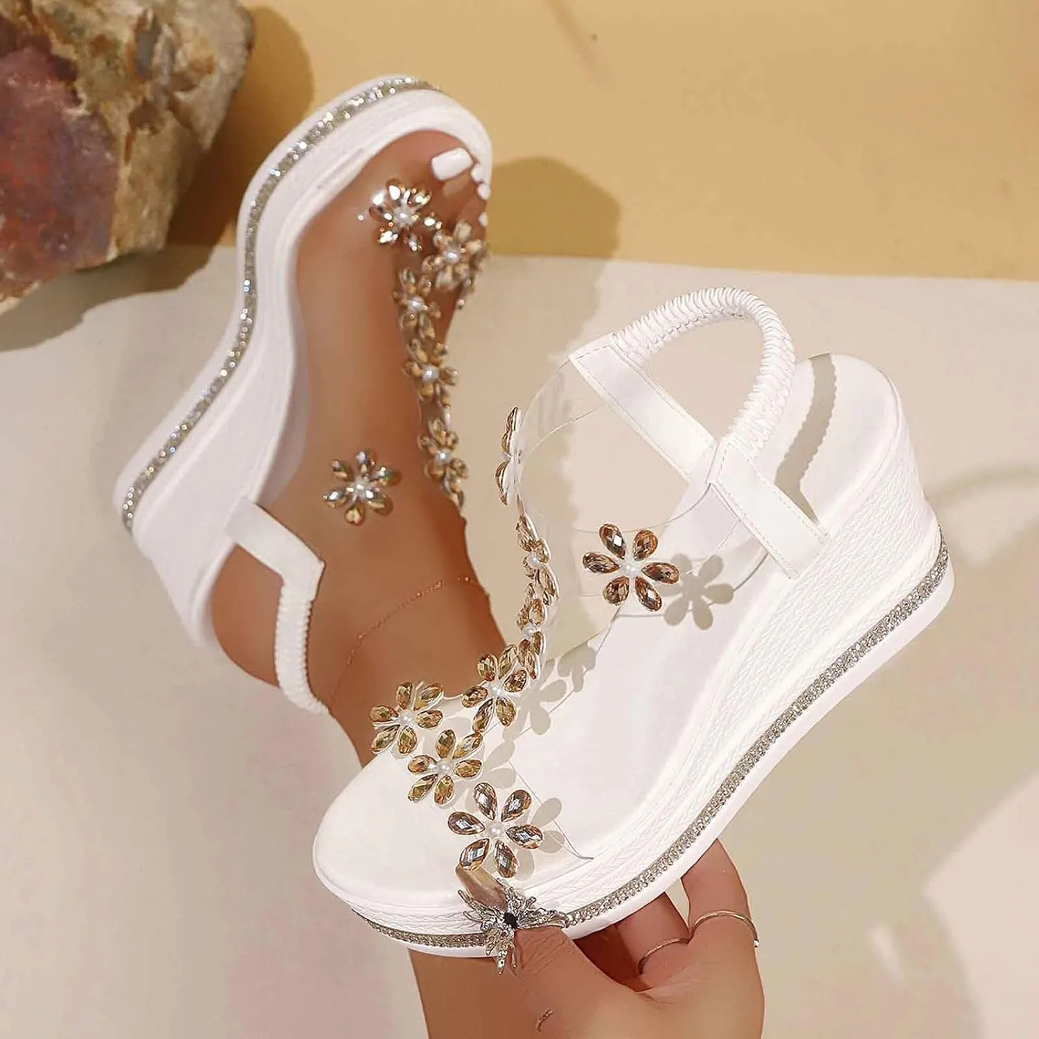 Women's Rhinestone Block Heel Sandals,2025 New Elastic Ankle Strap Sandals Open Toe Fashion Sandals (Black,9)