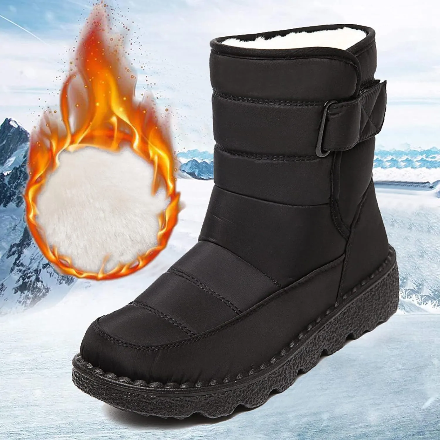 Womens Winter Snow Boots Waterproof Warm Fur Lining Mid Calf Boots Hook Loop Comfortable Outdoor Shoes