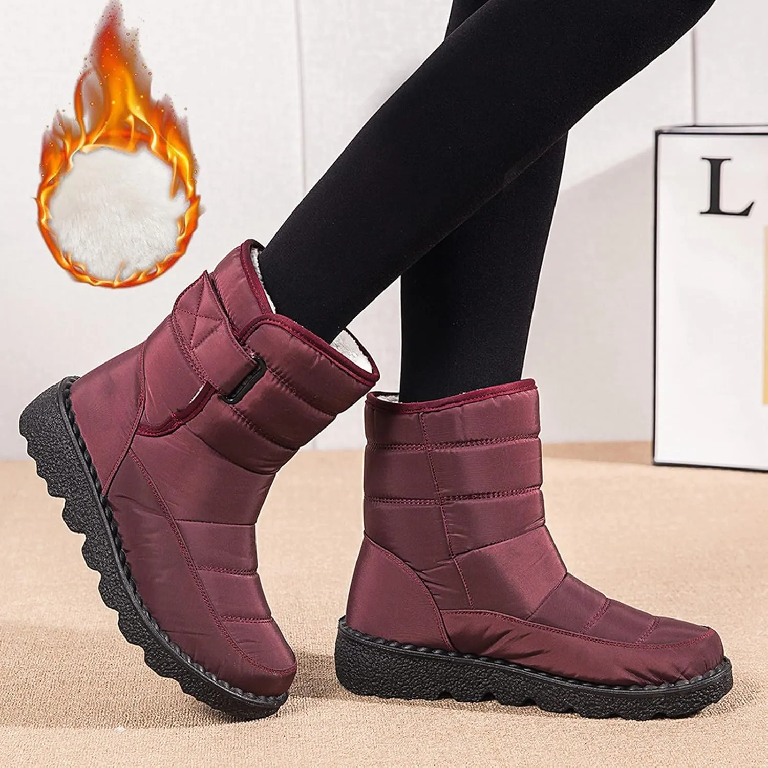 Womens Winter Snow Boots Waterproof Warm Fur Lining Mid Calf Boots Hook Loop Comfortable Outdoor Shoes