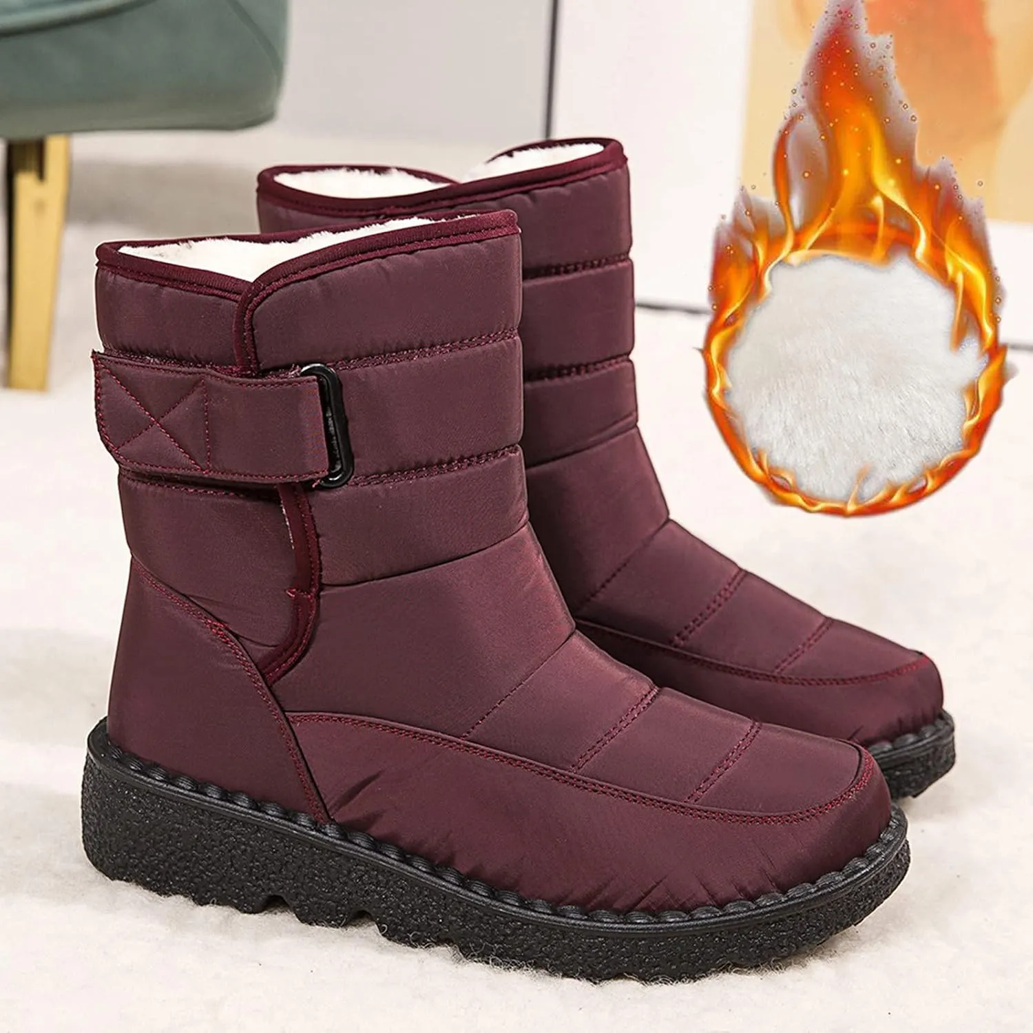 Womens Winter Snow Boots Waterproof Warm Fur Lining Mid Calf Boots Hook Loop Comfortable Outdoor Shoes