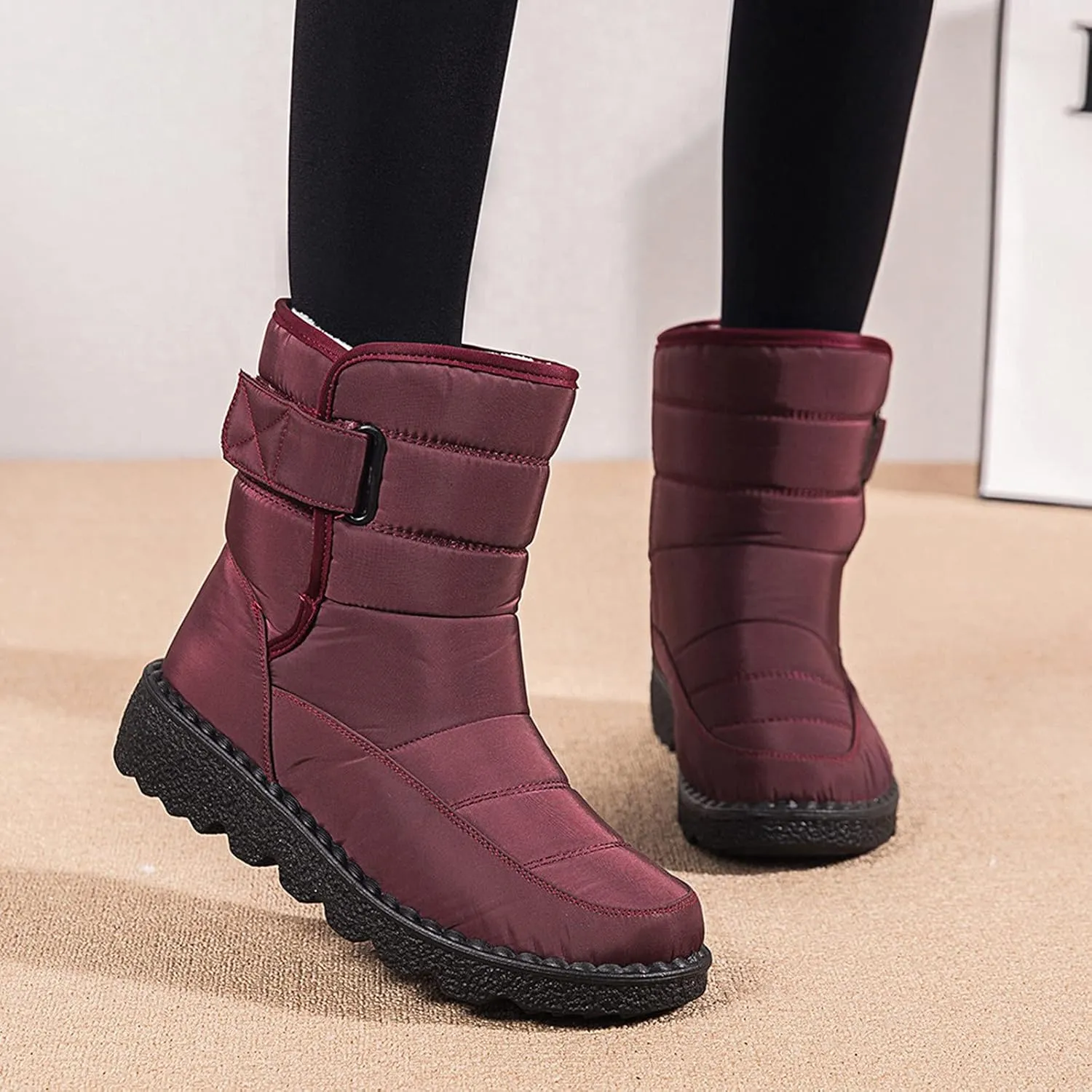 Womens Winter Snow Boots Waterproof Warm Fur Lining Mid Calf Boots Hook Loop Comfortable Outdoor Shoes