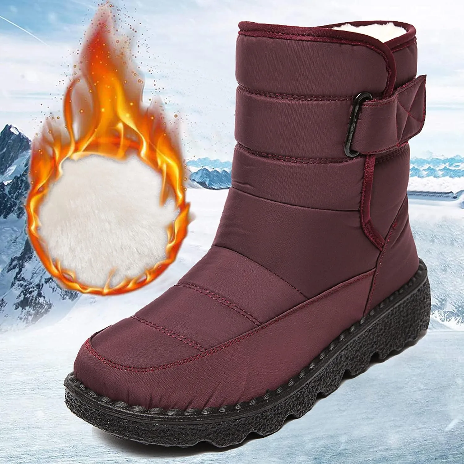 Womens Winter Snow Boots Waterproof Warm Fur Lining Mid Calf Boots Hook Loop Comfortable Outdoor Shoes