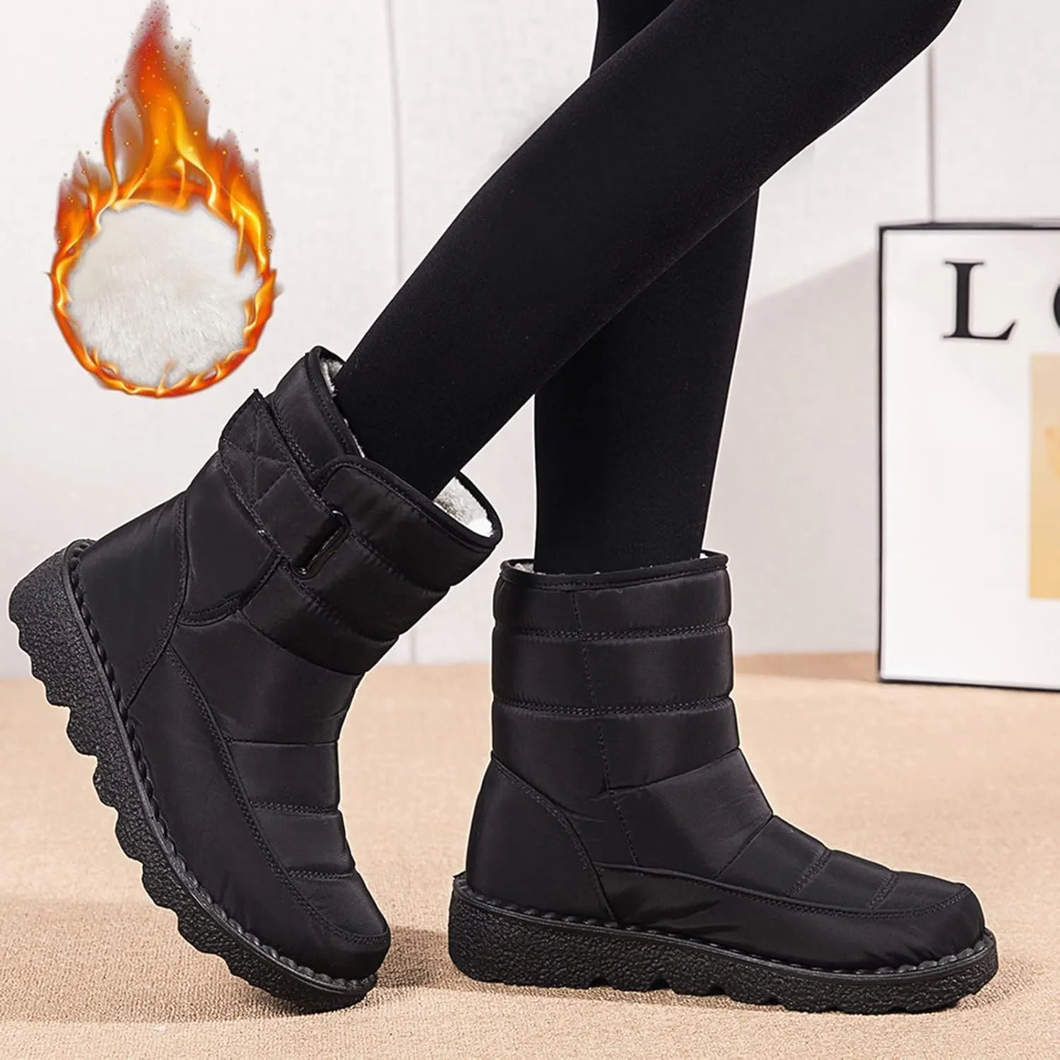 Womens Winter Snow Boots Waterproof Warm Fur Lining Mid Calf Boots Hook Loop Comfortable Outdoor Shoes
